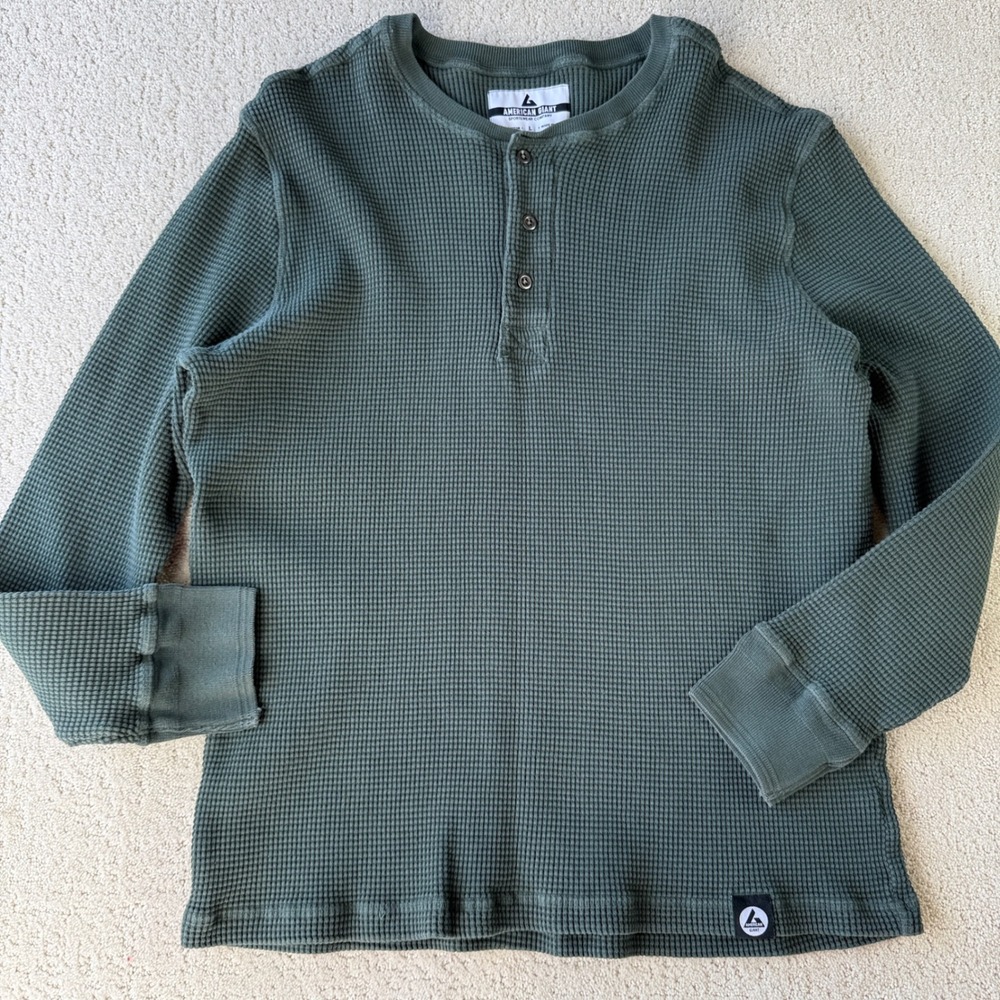 American Giant Mens Waffle Knit Henley Shirt Large Olive Green Long Sleeve USA